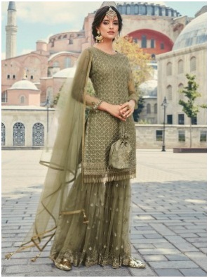 Green Embroidered Partywear Gharara Suit